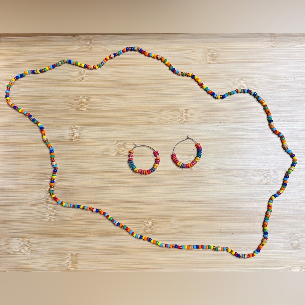Colorful Rainbow Beaded Necklace and Hoop Earrings Set Handmade